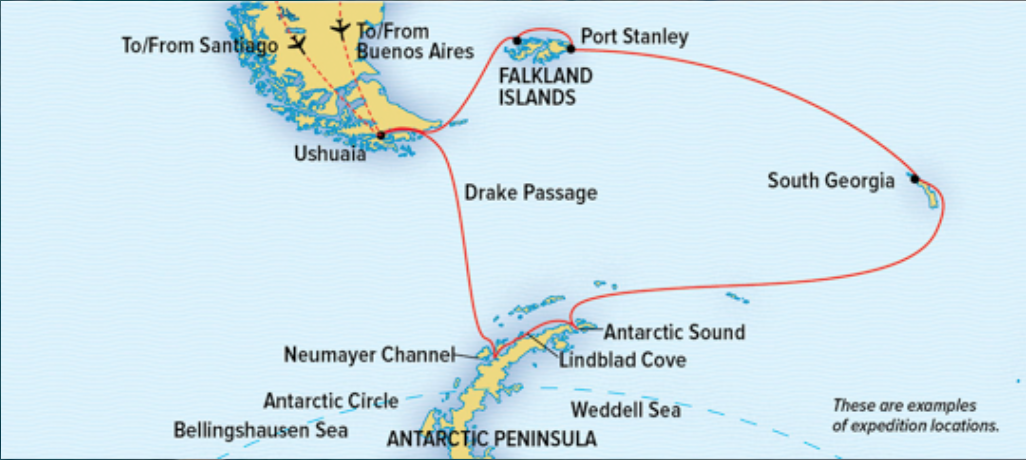 A map of Cindy's journey on the National Geographic Endurance to Antarctica.