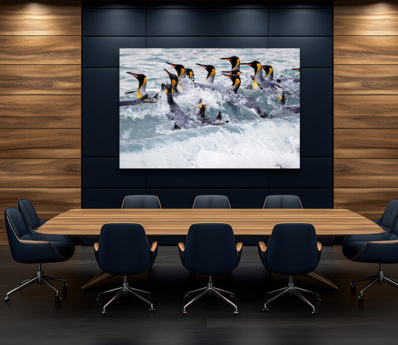 A group of king penguins navigating the crashing ocean waves, their vibrant golden markings contrasting with the dynamic blue of the water, exemplifying strength and unity in the wild.