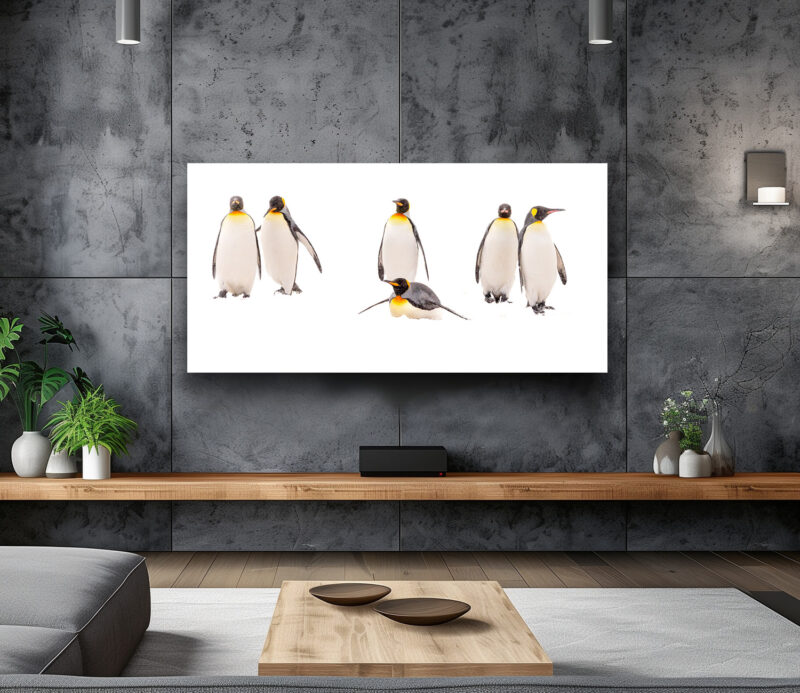 A high key photograph of king penguins in the snow, their golden collars contrasting beautifully with the white surroundings, exuding elegance and serenity.