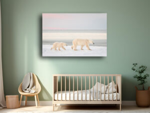 Interior mock up of a photograph on wall of A polar bear mother and her cub walk side by side along the snowy shoreline of Hudson Bay near open water, their bodies aligned parallel to the coast